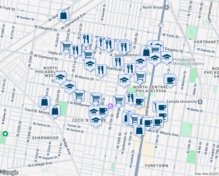 map of restaurants, bars, coffee shops, grocery stores, and more near in Philadelphia