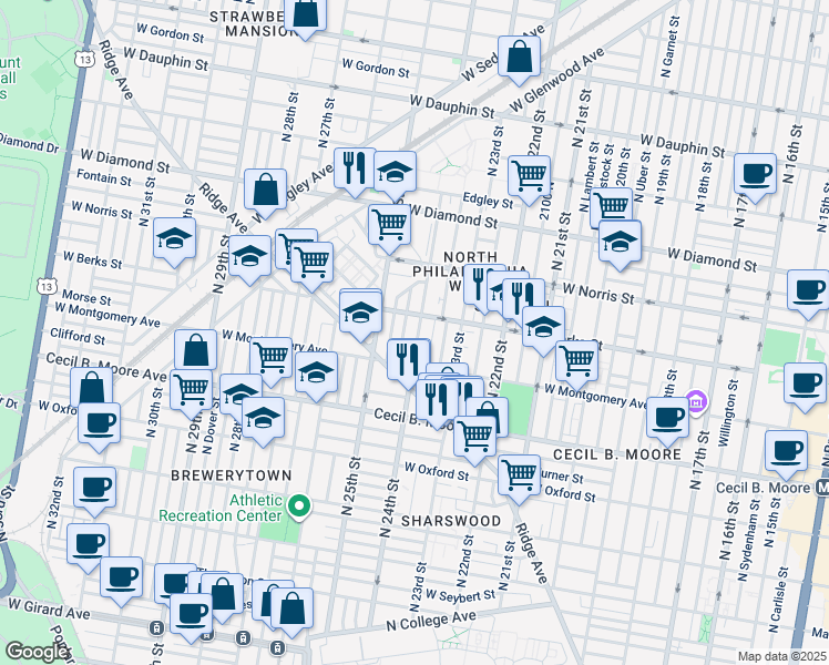 map of restaurants, bars, coffee shops, grocery stores, and more near 1828 North 24th Street in Philadelphia