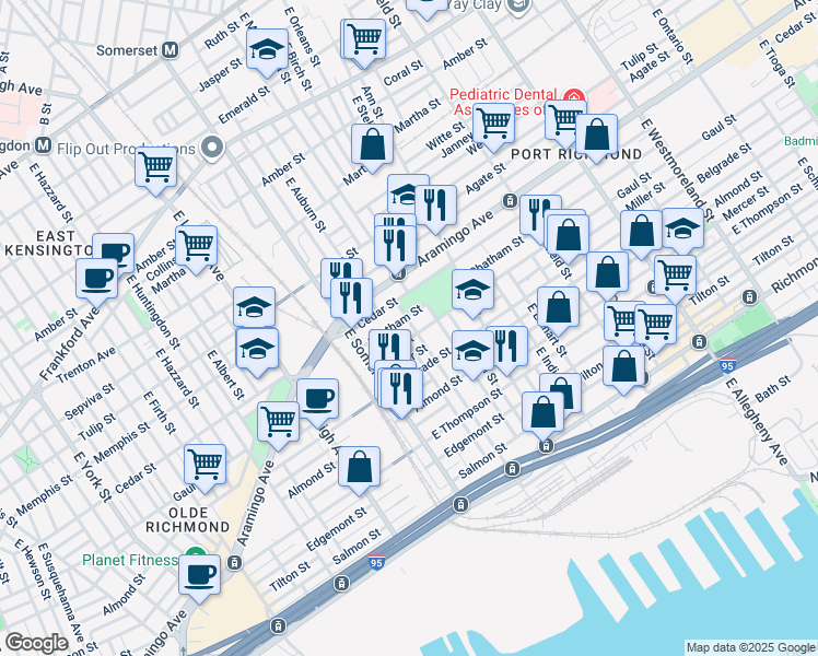 map of restaurants, bars, coffee shops, grocery stores, and more near 2428 East Cambria Street in Philadelphia