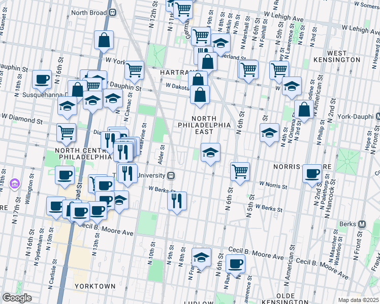 map of restaurants, bars, coffee shops, grocery stores, and more near 2055 North 9th Street in Philadelphia