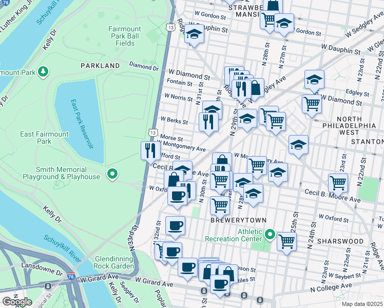map of restaurants, bars, coffee shops, grocery stores, and more near 1745 North 31st Street in Philadelphia