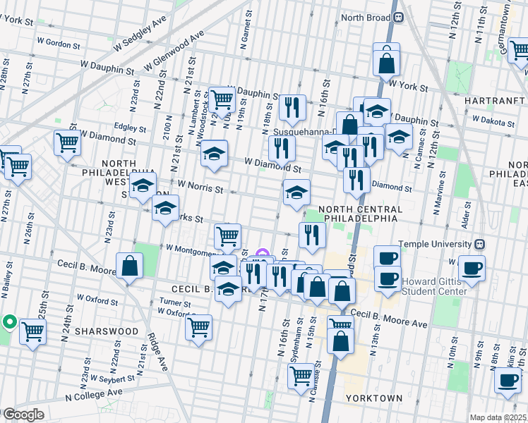 map of restaurants, bars, coffee shops, grocery stores, and more near 1718 Arlington Street in Philadelphia