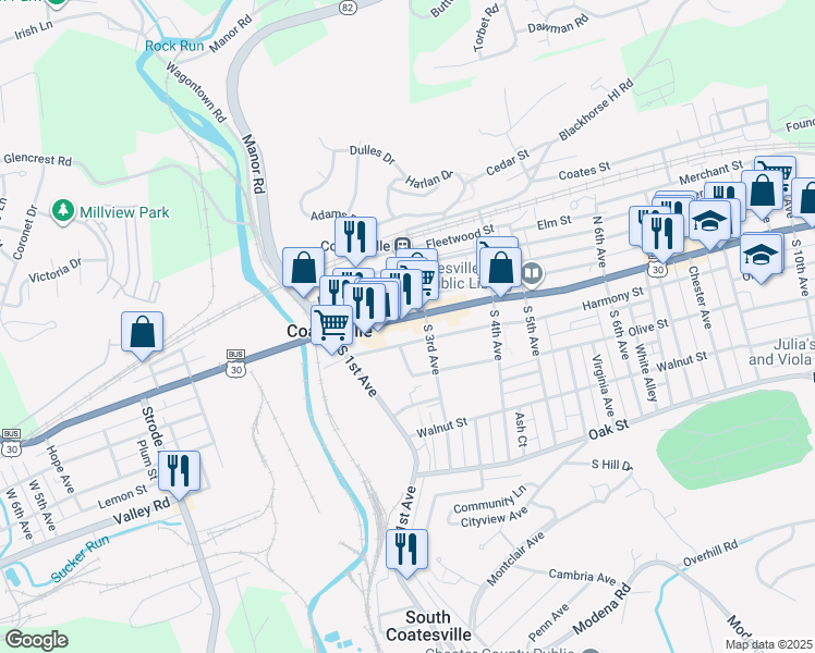 map of restaurants, bars, coffee shops, grocery stores, and more near 251 Lincoln Highway East in Coatesville