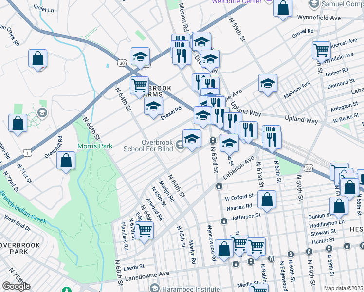 map of restaurants, bars, coffee shops, grocery stores, and more near 6333 Malvern Avenue in Philadelphia