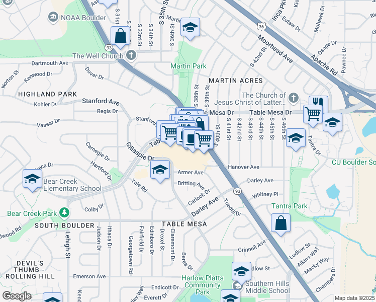 map of restaurants, bars, coffee shops, grocery stores, and more near 607 South Broadway in Boulder