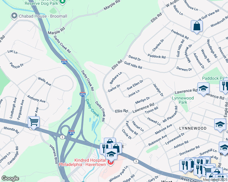 map of restaurants, bars, coffee shops, grocery stores, and more near 13 Garlor Drive in Havertown