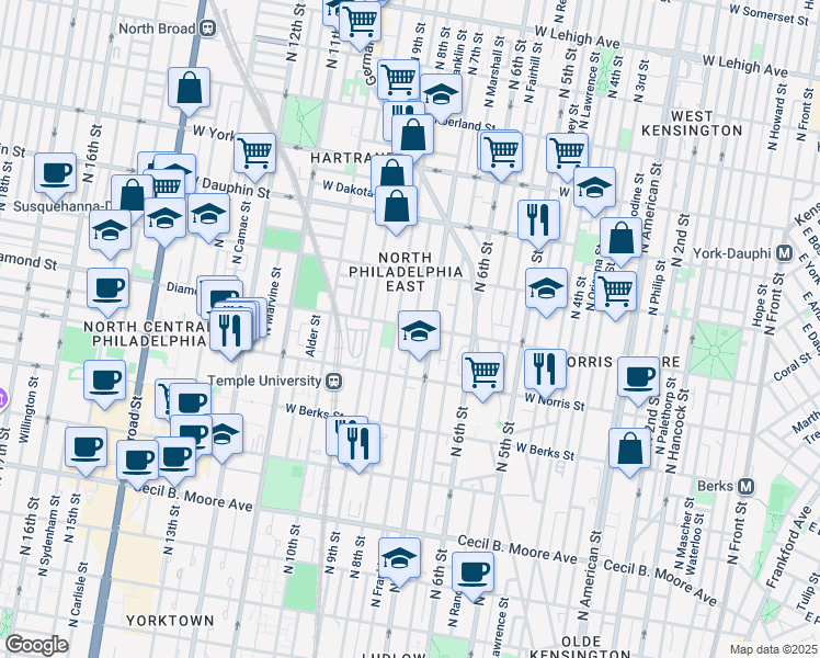 map of restaurants, bars, coffee shops, grocery stores, and more near 2066 North Franklin Street in Philadelphia