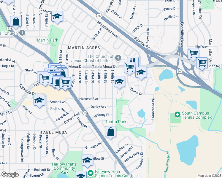 map of restaurants, bars, coffee shops, grocery stores, and more near 715 South 46th Street in Boulder