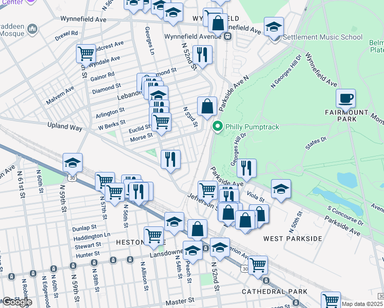 map of restaurants, bars, coffee shops, grocery stores, and more near 1718 North Peach Street in Philadelphia