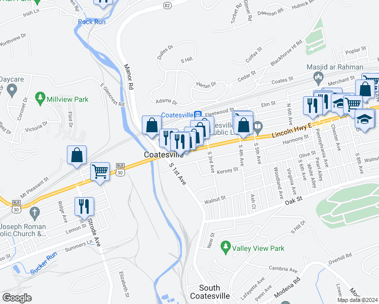 map of restaurants, bars, coffee shops, grocery stores, and more near 210 East Lincoln Highway in Coatesville