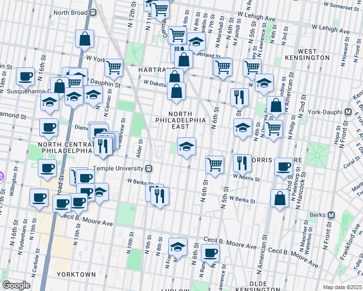 map of restaurants, bars, coffee shops, grocery stores, and more near 2066 North Franklin Street in Philadelphia