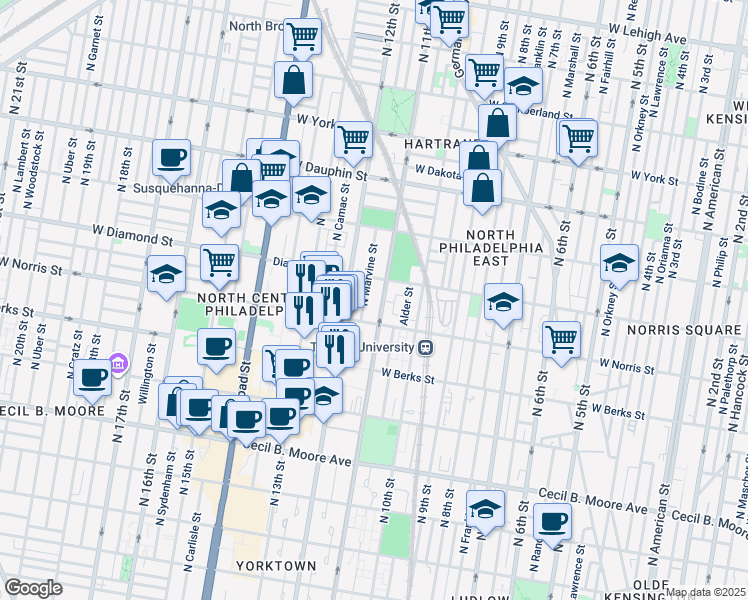 map of restaurants, bars, coffee shops, grocery stores, and more near 2000 North 11th Street in Philadelphia