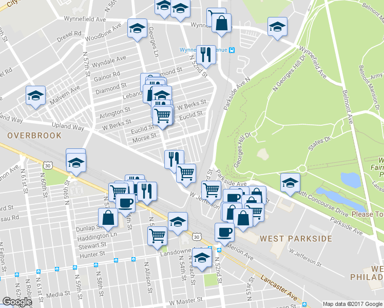 map of restaurants, bars, coffee shops, grocery stores, and more near 1721 Georges Lane in Philadelphia