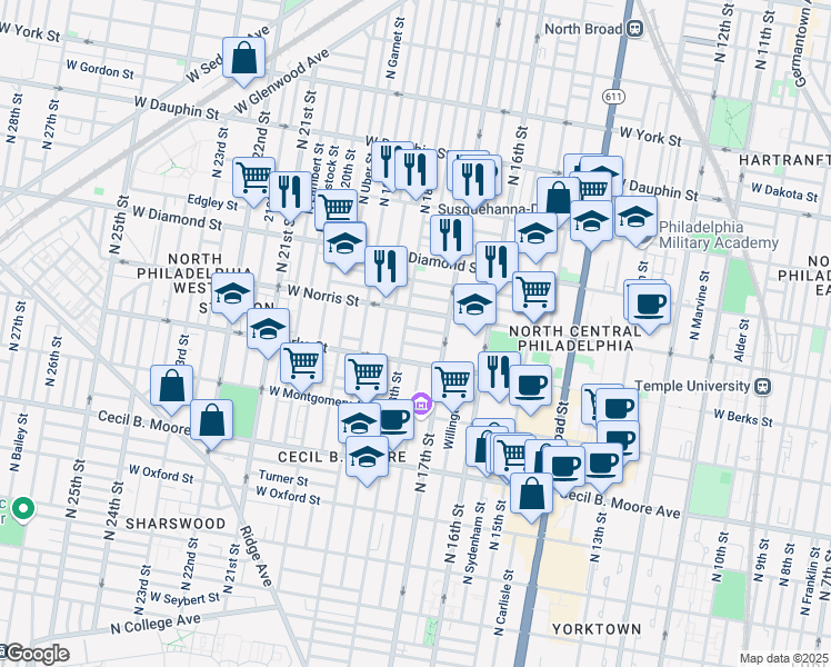 map of restaurants, bars, coffee shops, grocery stores, and more near 1730 Arlington Street in Philadelphia