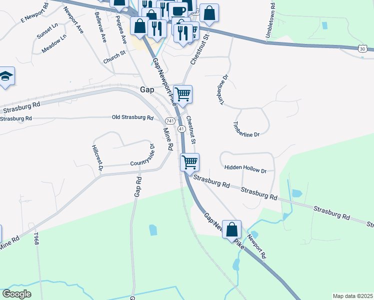 map of restaurants, bars, coffee shops, grocery stores, and more near 927 Pennsylvania 41 in Gap