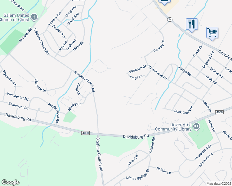map of restaurants, bars, coffee shops, grocery stores, and more near 3633 Fieldstone Drive in Dover
