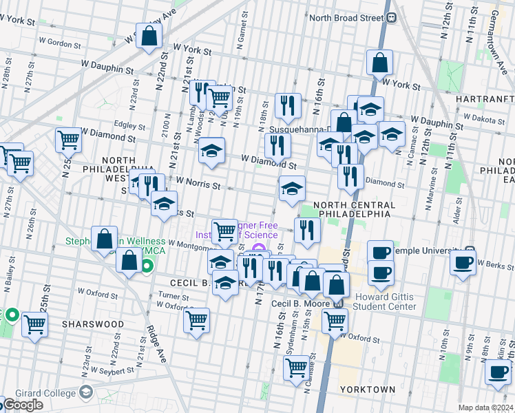 map of restaurants, bars, coffee shops, grocery stores, and more near 1726 Arlington Street in Philadelphia