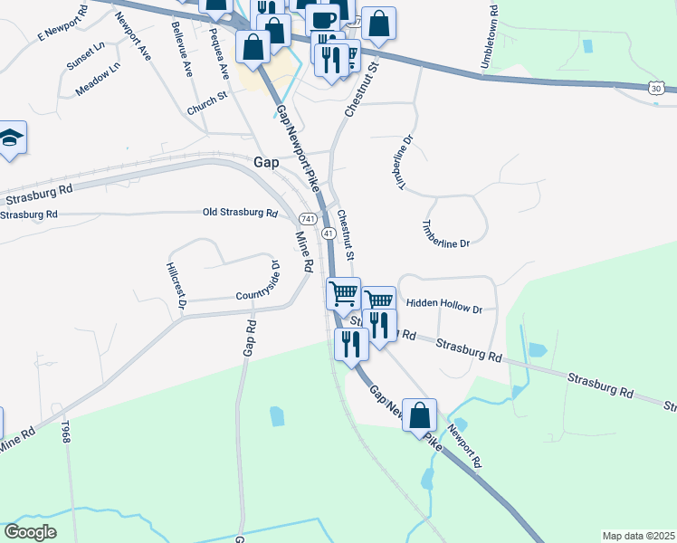map of restaurants, bars, coffee shops, grocery stores, and more near 927 Pennsylvania 41 in Gap