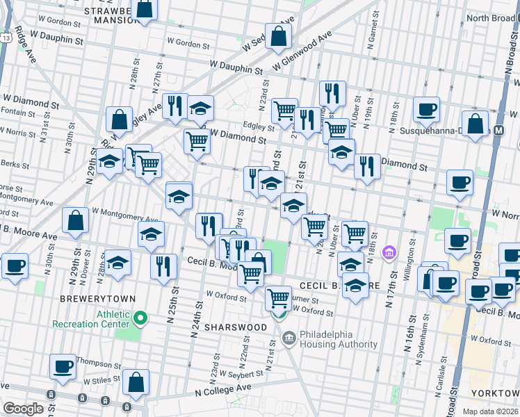 map of restaurants, bars, coffee shops, grocery stores, and more near 1914 North Croskey Street in Philadelphia