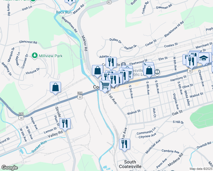 map of restaurants, bars, coffee shops, grocery stores, and more near 136 East Chestnut Street in Coatesville