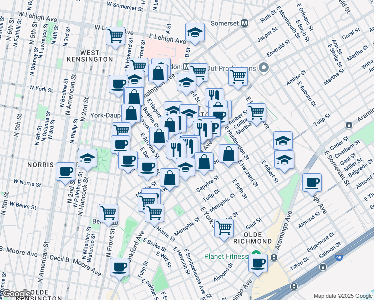 map of restaurants, bars, coffee shops, grocery stores, and more near 2454 Amber Street in Philadelphia