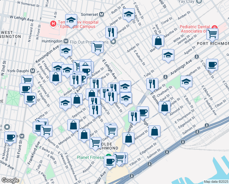 map of restaurants, bars, coffee shops, grocery stores, and more near 2186 East Lehigh Avenue in Philadelphia