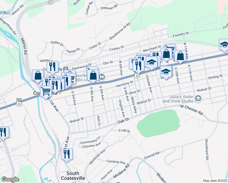 map of restaurants, bars, coffee shops, grocery stores, and more near 538 Lincoln Highway East in Coatesville