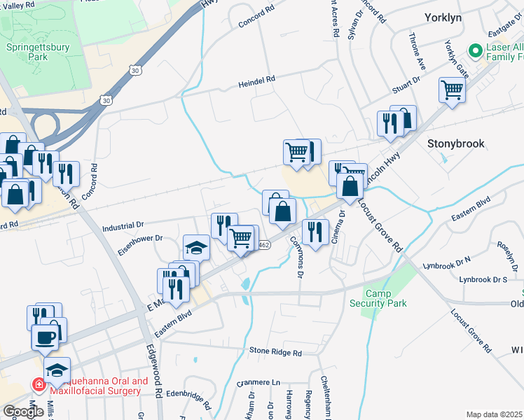 map of restaurants, bars, coffee shops, grocery stores, and more near 3600 Industrial Highway in York