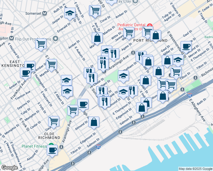 map of restaurants, bars, coffee shops, grocery stores, and more near 2426 East Cambria Street in Philadelphia