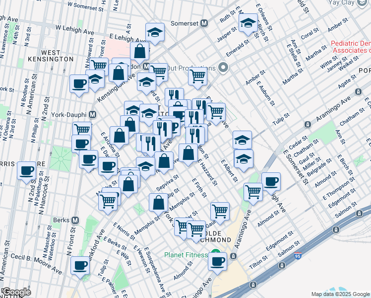 map of restaurants, bars, coffee shops, grocery stores, and more near 2141 East Sergeant Street in Philadelphia