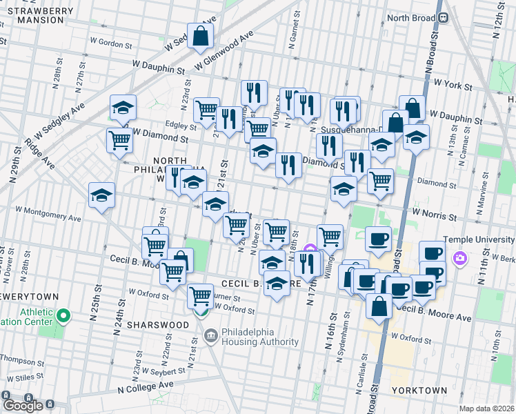 map of restaurants, bars, coffee shops, grocery stores, and more near in Philadelphia