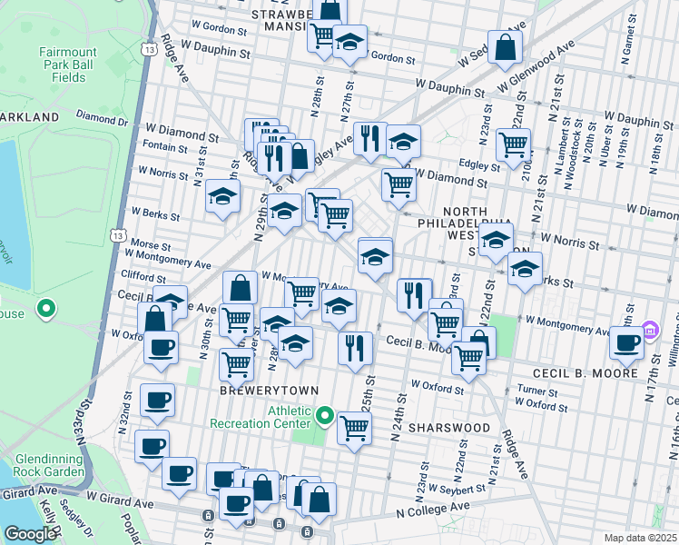 map of restaurants, bars, coffee shops, grocery stores, and more near 1824 North Bailey Street in Philadelphia