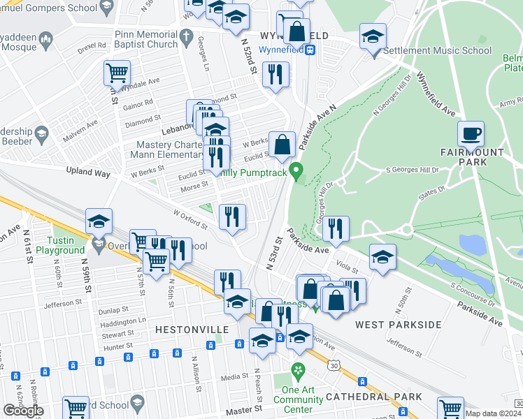 map of restaurants, bars, coffee shops, grocery stores, and more near 1718 North Peach Street in Philadelphia
