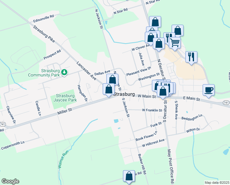 map of restaurants, bars, coffee shops, grocery stores, and more near 213 W Main St in Strasburg