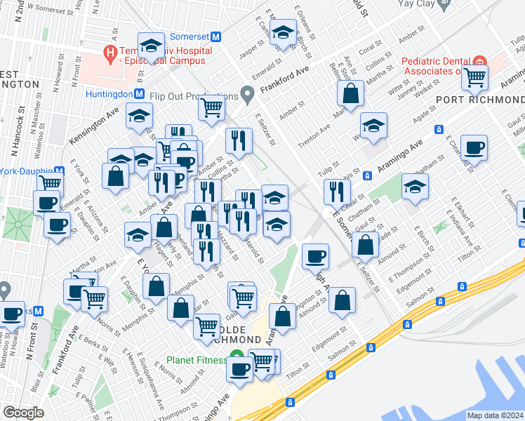 map of restaurants, bars, coffee shops, grocery stores, and more near 2666 Tulip Street in Philadelphia