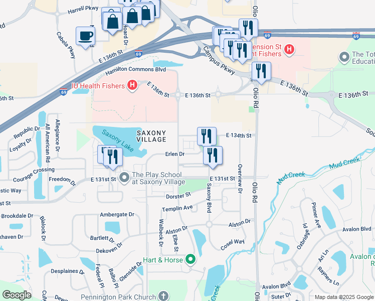 map of restaurants, bars, coffee shops, grocery stores, and more near 13285 Minden Drive in Fishers