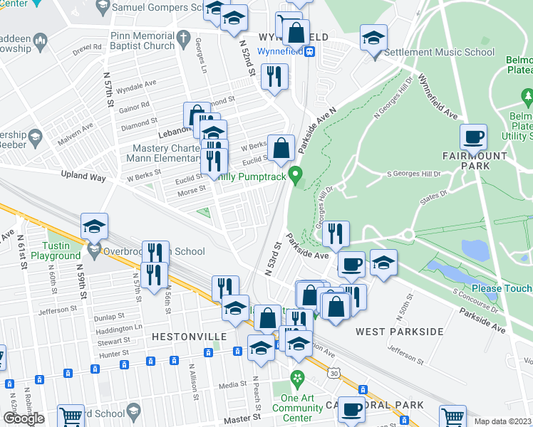 map of restaurants, bars, coffee shops, grocery stores, and more near 1713 North Peach Street in Philadelphia