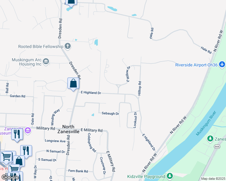map of restaurants, bars, coffee shops, grocery stores, and more near 200 West Willow Drive in Zanesville