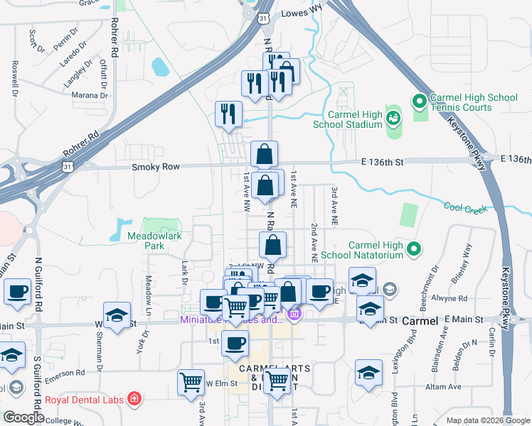 map of restaurants, bars, coffee shops, grocery stores, and more near 641 North Rangeline Road in Carmel