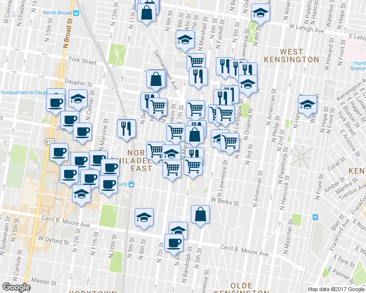 map of restaurants, bars, coffee shops, grocery stores, and more near 621 Diamond Street in Philadelphia