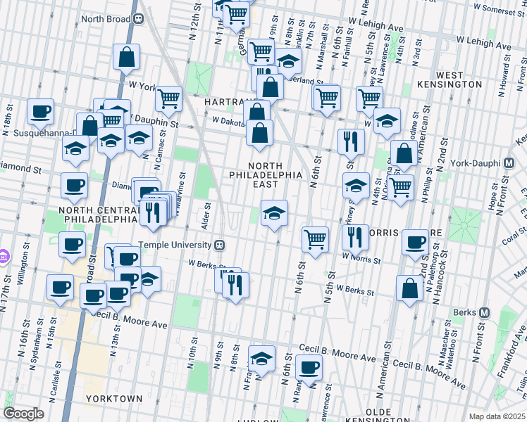 map of restaurants, bars, coffee shops, grocery stores, and more near 2063 North 8th Street in Philadelphia