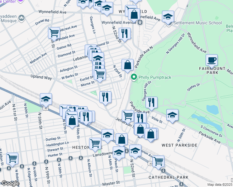 map of restaurants, bars, coffee shops, grocery stores, and more near 1721 Georges Lane in Philadelphia