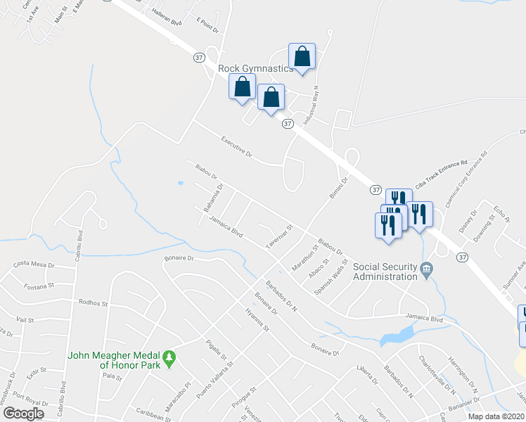 map of restaurants, bars, coffee shops, grocery stores, and more near 131 Biabou Drive in Toms River