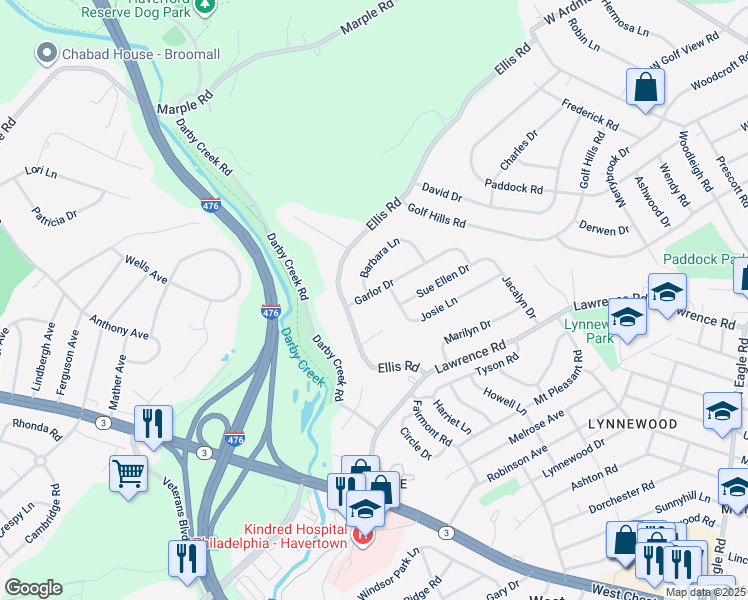 map of restaurants, bars, coffee shops, grocery stores, and more near 13 Garlor Drive in Havertown