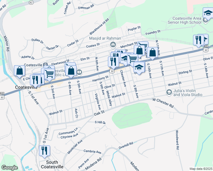 map of restaurants, bars, coffee shops, grocery stores, and more near 617 Olive Street in Coatesville