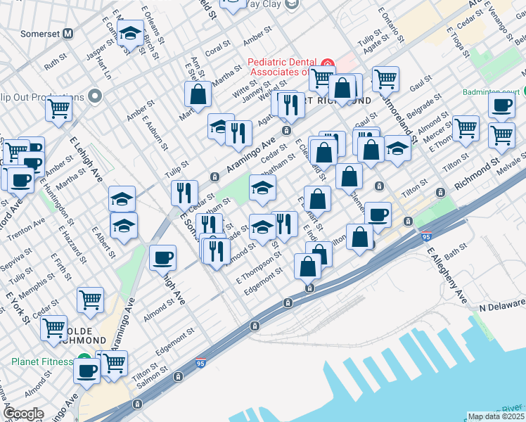map of restaurants, bars, coffee shops, grocery stores, and more near 2900 Belgrade Street in Philadelphia
