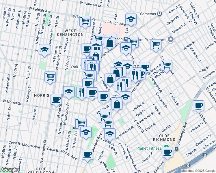 map of restaurants, bars, coffee shops, grocery stores, and more near 2037 East Arizona Street in Philadelphia