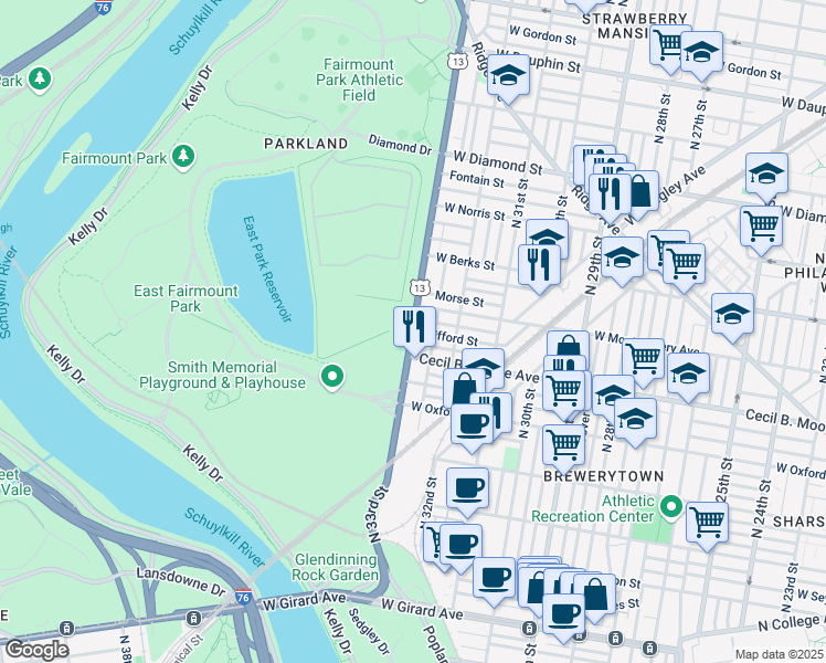 map of restaurants, bars, coffee shops, grocery stores, and more near N 33rd St & Clifford St in Philadelphia