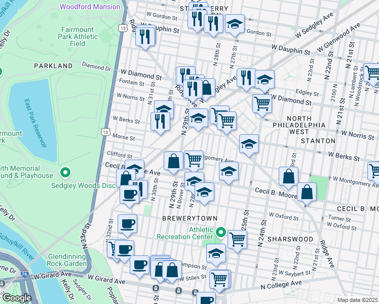 map of restaurants, bars, coffee shops, grocery stores, and more near 2825 West Montgomery Avenue in Philadelphia