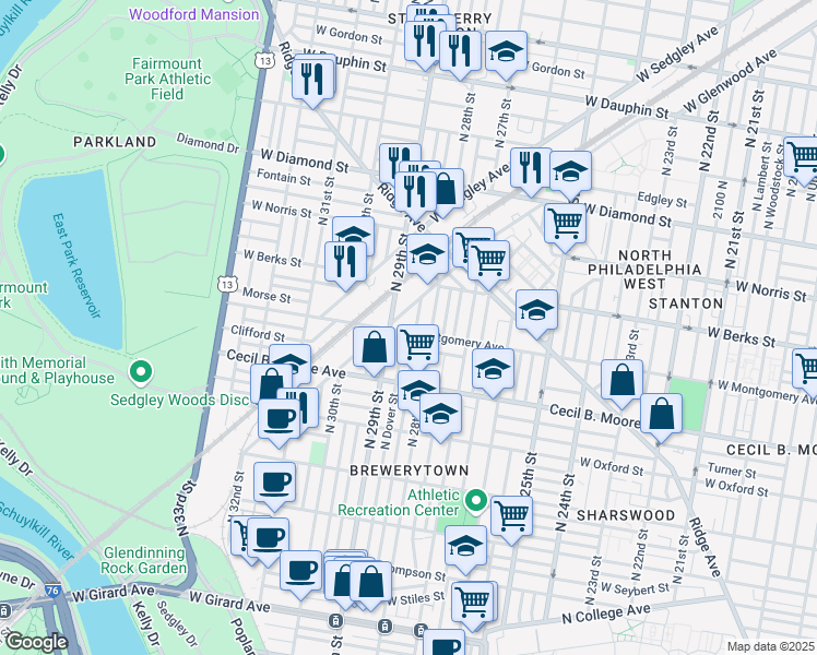 map of restaurants, bars, coffee shops, grocery stores, and more near 1800-1898 North 29th Street in Philadelphia